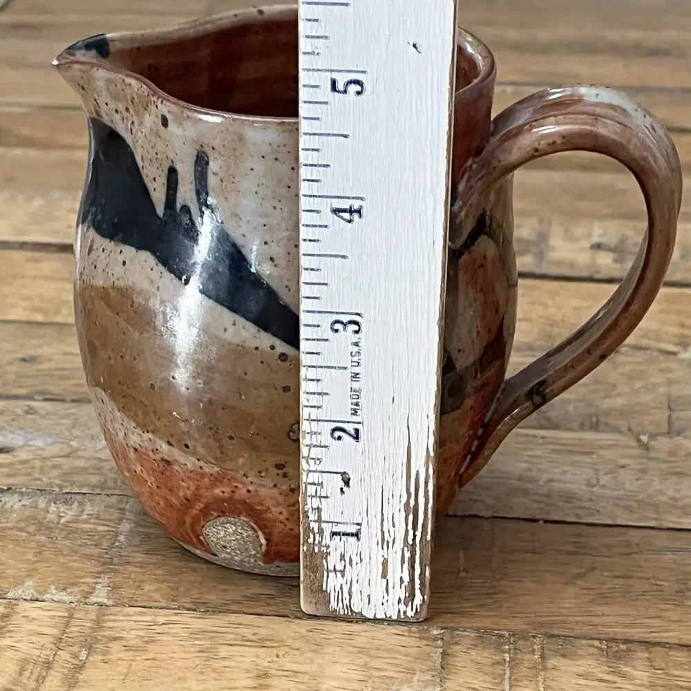 Art Studio Pottery Creamer Pitcher 4.5 in Rustic Texture Orange Tan & Blue Glaze